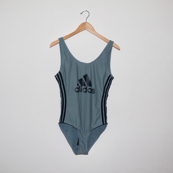 Adidas Core Solid Logo Stripe One Piece Swimsuit in Grey/Black - Picture 3 of 12